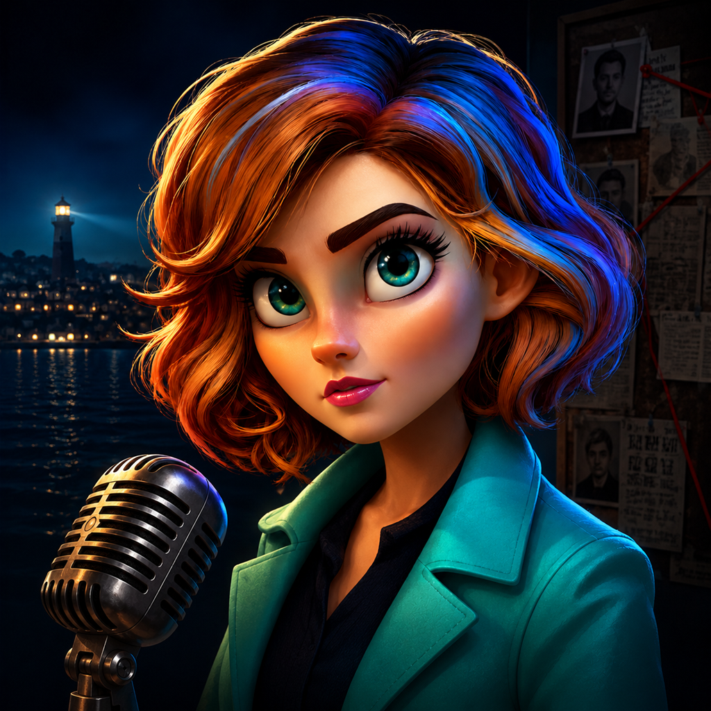 Ally Quinn: True Crime Merge key art — Ally at the mic, Havenbay lighthouse behind her